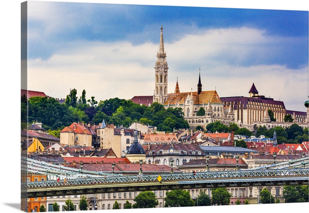 Chain Bridge Lion Matthias Church Fisherman's Bastion Budapest Hungary.