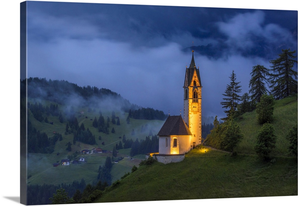 Italy, Dolomites, Val di Funes. Chapel of St. Barbara at sunset. Credit: Jim Nilsen