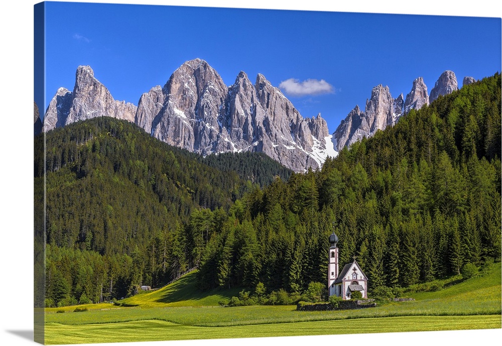 Europe, Italy, Dolomites, Val di Funes. Chapel of St. Barbara in mountain valley. Credit: Jim Nilsen