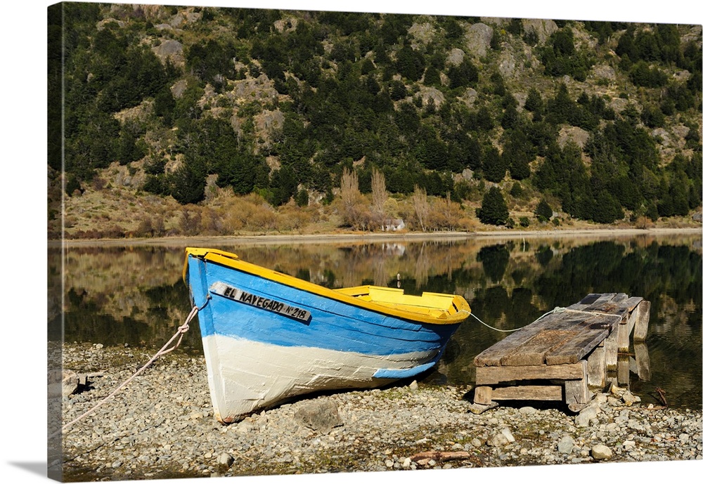 Chile, Aysen, Bertrand, Baker River. Fishing boat on the shore of Lago Bertrand.