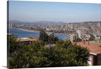 Chile, Valparaiso, overview of city and the bay.
