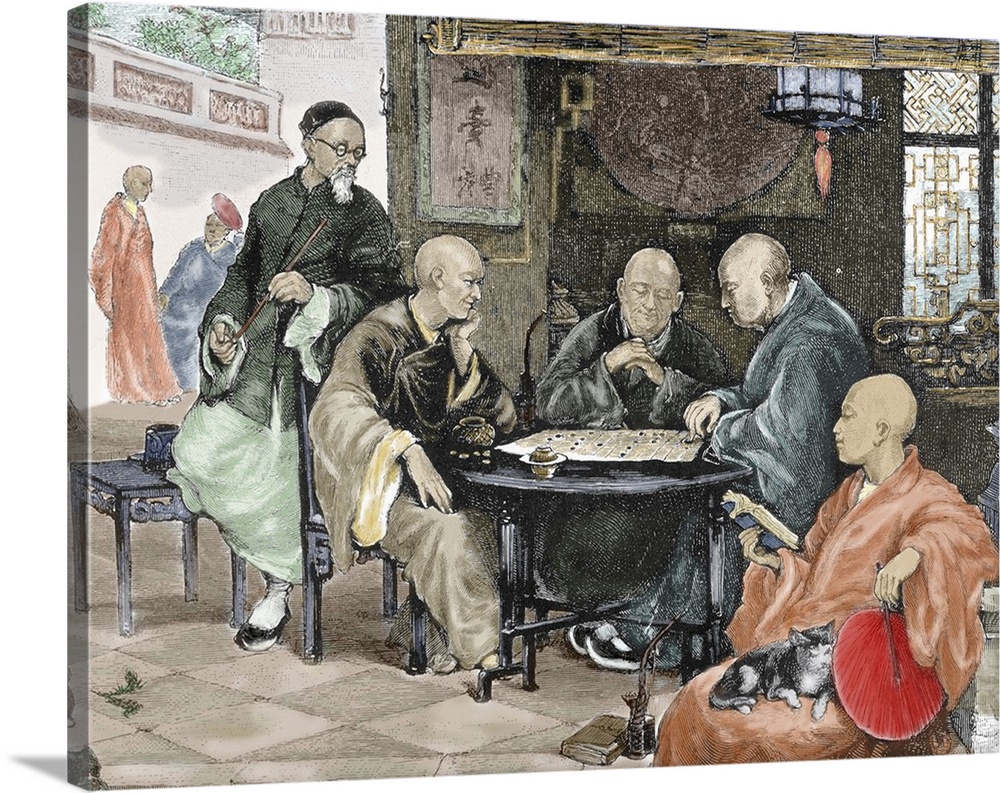 China. Men playing draughts in a tavern. Nineteenth-century colored engraving.