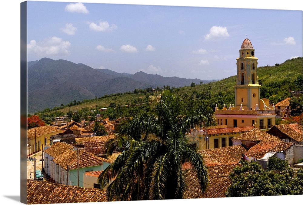 Beautiful aerial scenic of skyline taken from church steeple of the old colonial city of Trinidad in Cuba