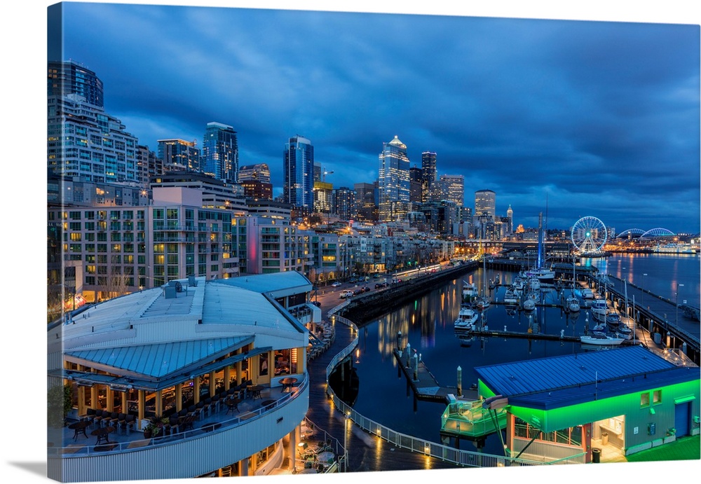 City skyline at dusk from Bell Street Pier in Seattle, Washington, USA