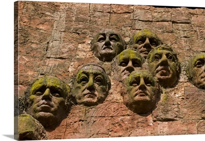 Close-up of Faces on Facade of Market Building in Central Kutaisi, Georgia