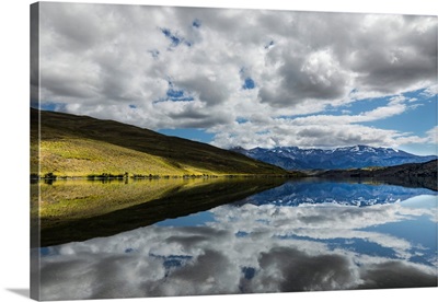 Clouds Reflecting On Lake Azul, Torres Del Paine National Park, Chile, South America