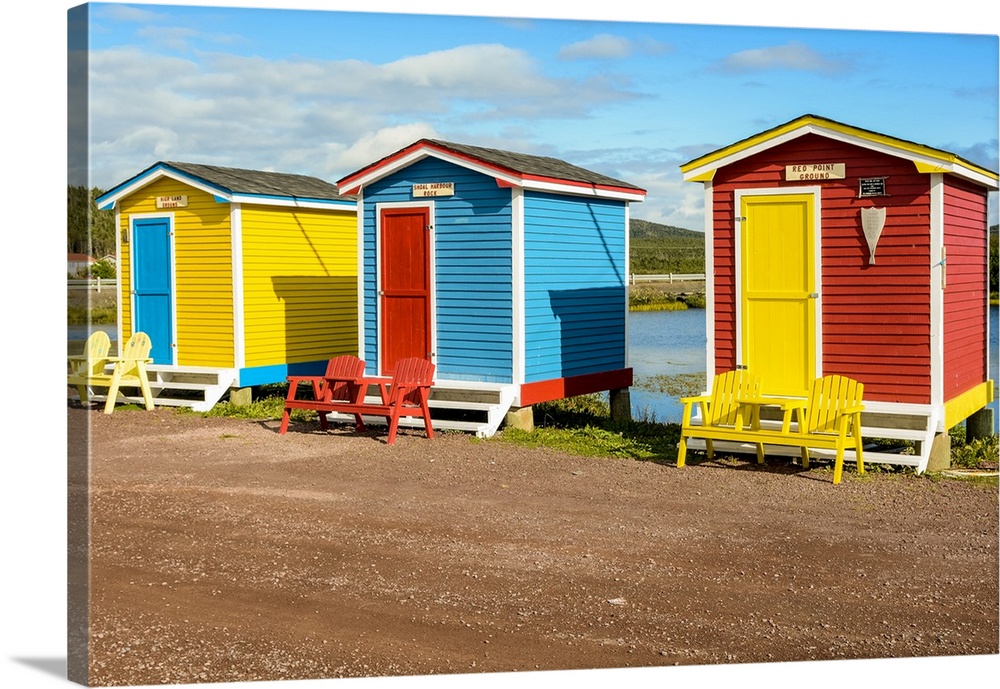 Colorful beach huts, Cavendish, Newfoundland, Canada. Canada, Newfoundland.