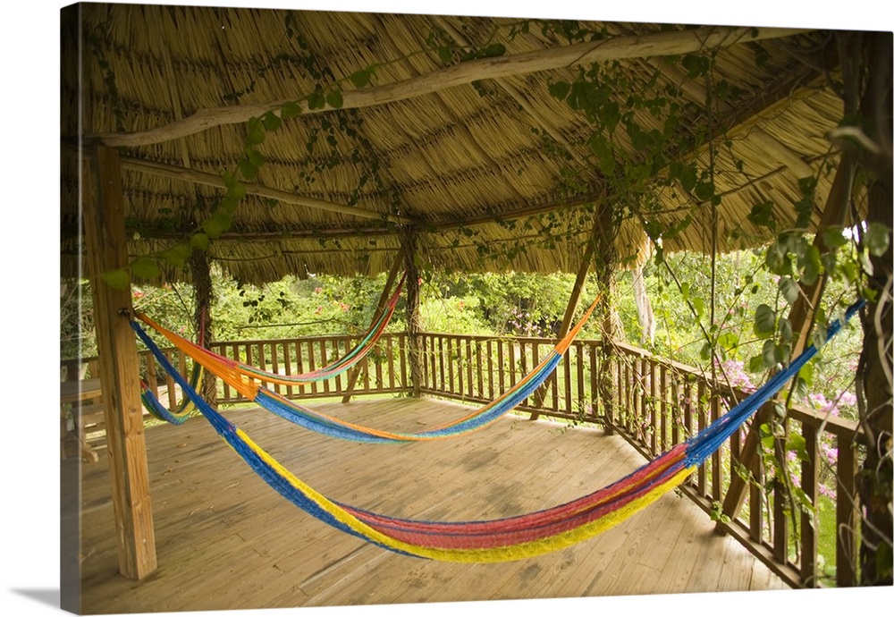 Colorful hammocks in platform of thatched palapa in forest, Jaguar Reef Lodge, Hopkins, Stann Creek District, Belize, Cent...