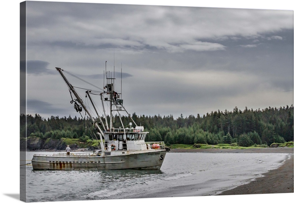 North America, USA, Alaska, Kodiak, Chiniak Bay. Commercial fishing for salmon near a beach on Kodiak Island.