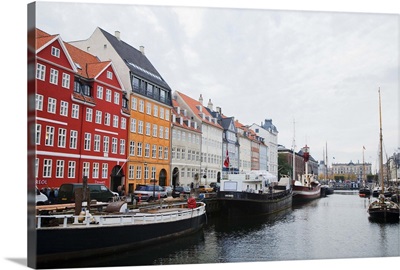 Copenhagen, Denmark, waterfront city with docked boats