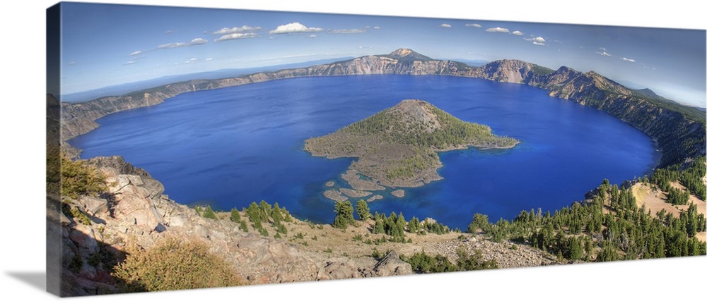 Crater Lake National Park, Wizard Island and Crater Lake, panorama, view from The Watchman area, Oregon.