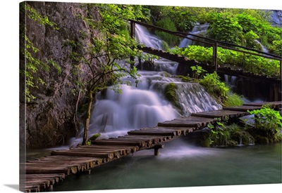 Croatia, Plitvice Lakes National Park, Scenic Of Waterfall And Wooden Walkway