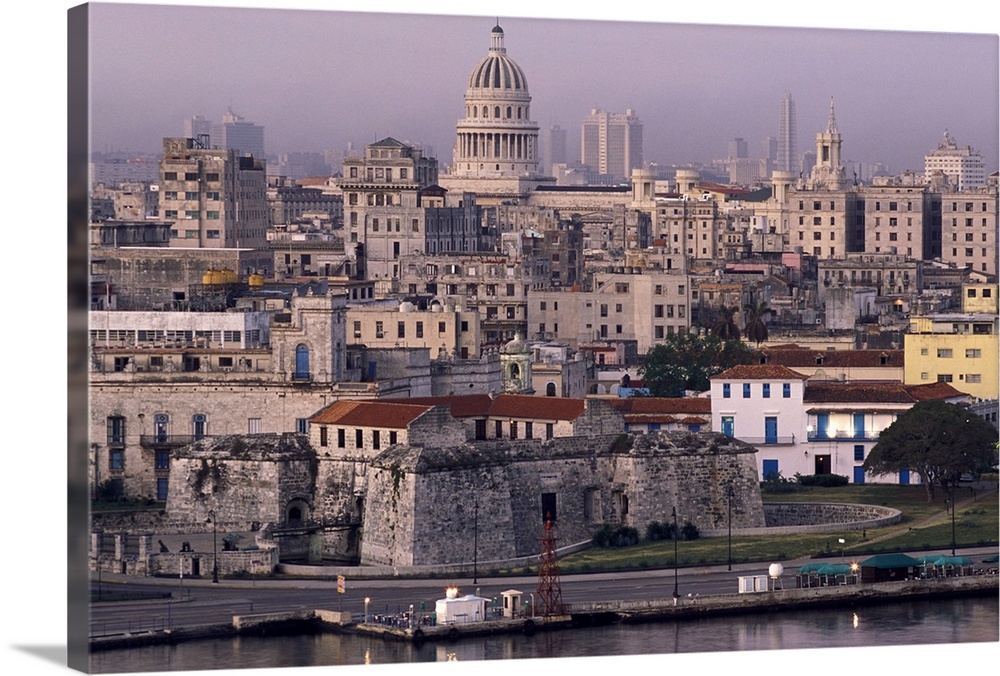 Cuba, old Havana, cityscape at dusk.