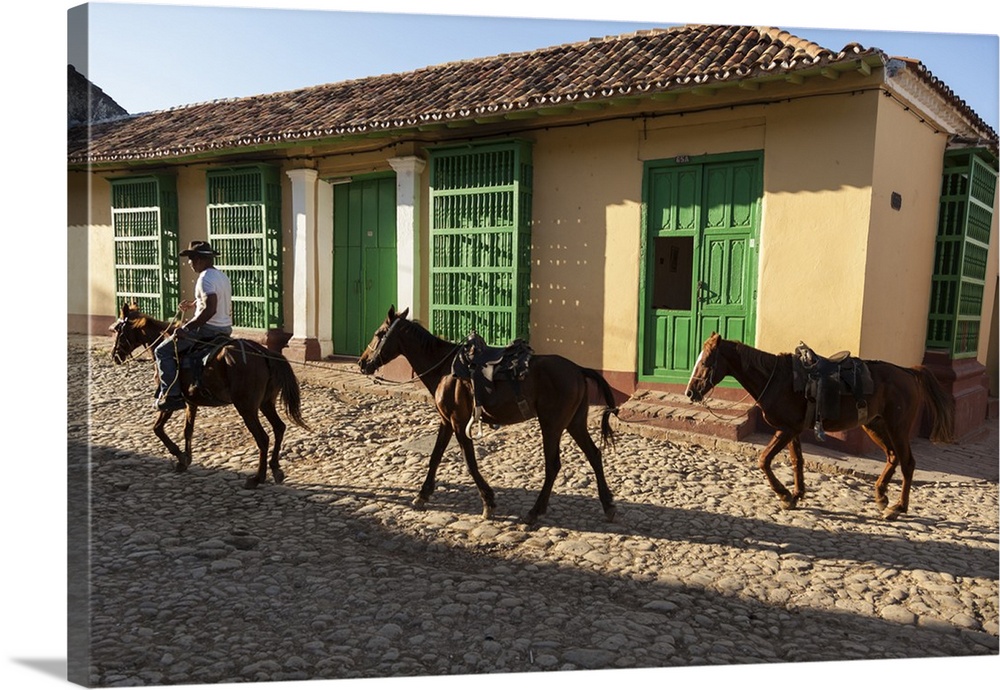 Cuba, Trinidad. Pulling horses along cobblestone street.