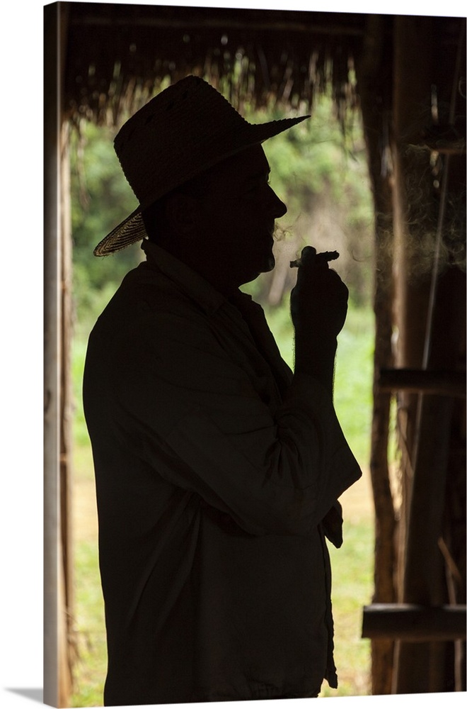 Cuba, Vinales. Silhouette of a tobacco farmer smoking a cigar.
