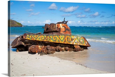 Culebra, Puerto Rico, old abandoned military tank is sitting on the beach rusting