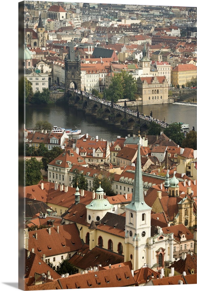 CZECH REPUBLIC, Prague. View of Prague and the Charles Bridge from the Bell Tower, St. Vitus Cathedral.