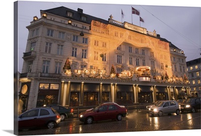 Denmark, Copenhagen, Kongens Nytorv at Christmas. Hotel d'Angleterre
