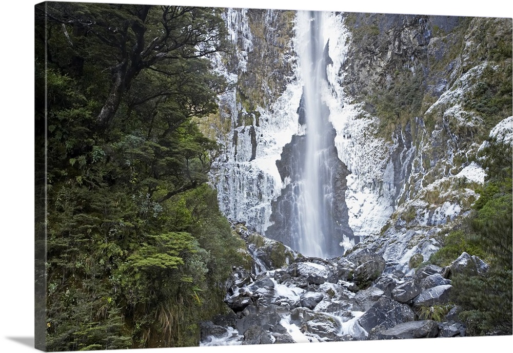 Devils Punchbowl Falls, Frozen in Winter, Arthur's Pass, Canterbury, South Island, New Zealand
