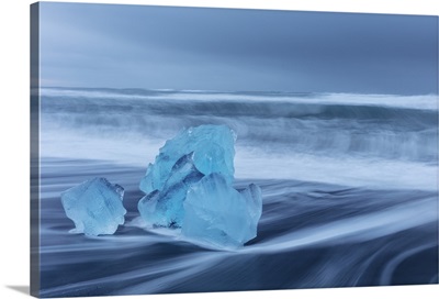 Diamond Ice Chards From Icebergs On Black Sand Beach At Jokulsarlon In South Iceland