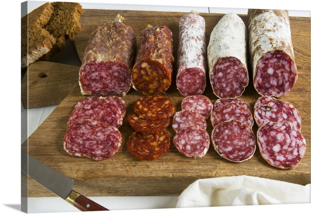 Different type of Tuscan salami, Tuscany, Italy.