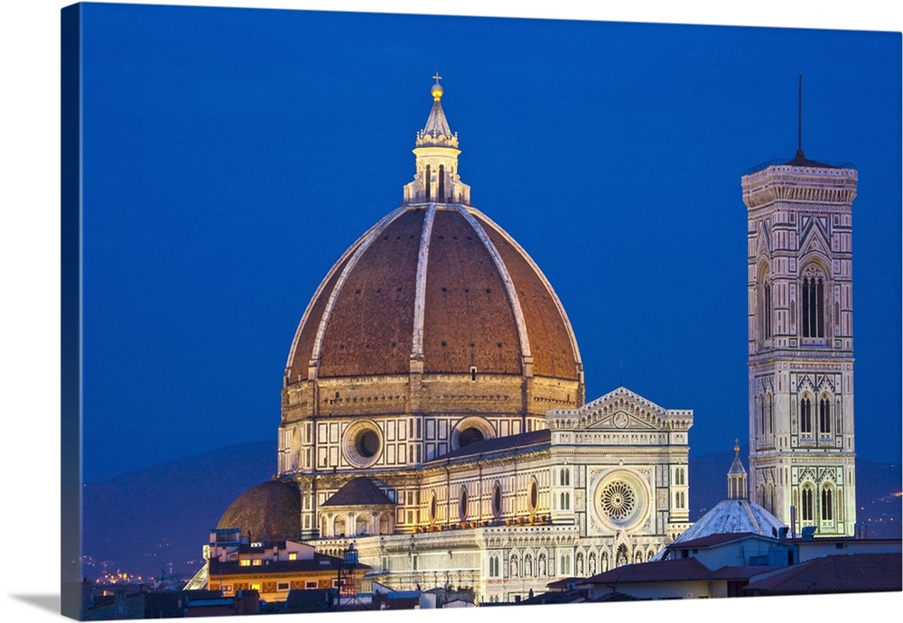 Europe, Italy, Florence.  Dome of Santa Maria del Fiore Cathedral at night.