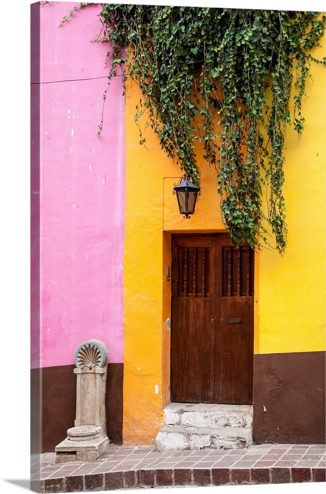 Mexico, Guanajuato, Door and Fountaiun in Guanajuato.