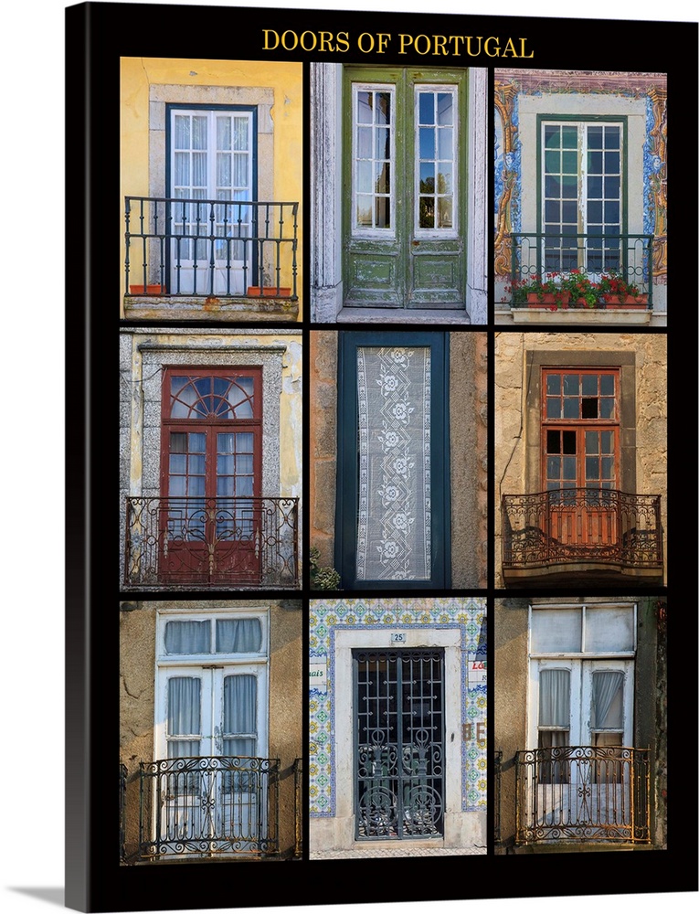 A poster featuring nine different doors of interest shot throught Portugal.