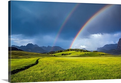 Double Rainbow Over Mountain Meadow, Italy, Dolomites, Alpi Di Siusi