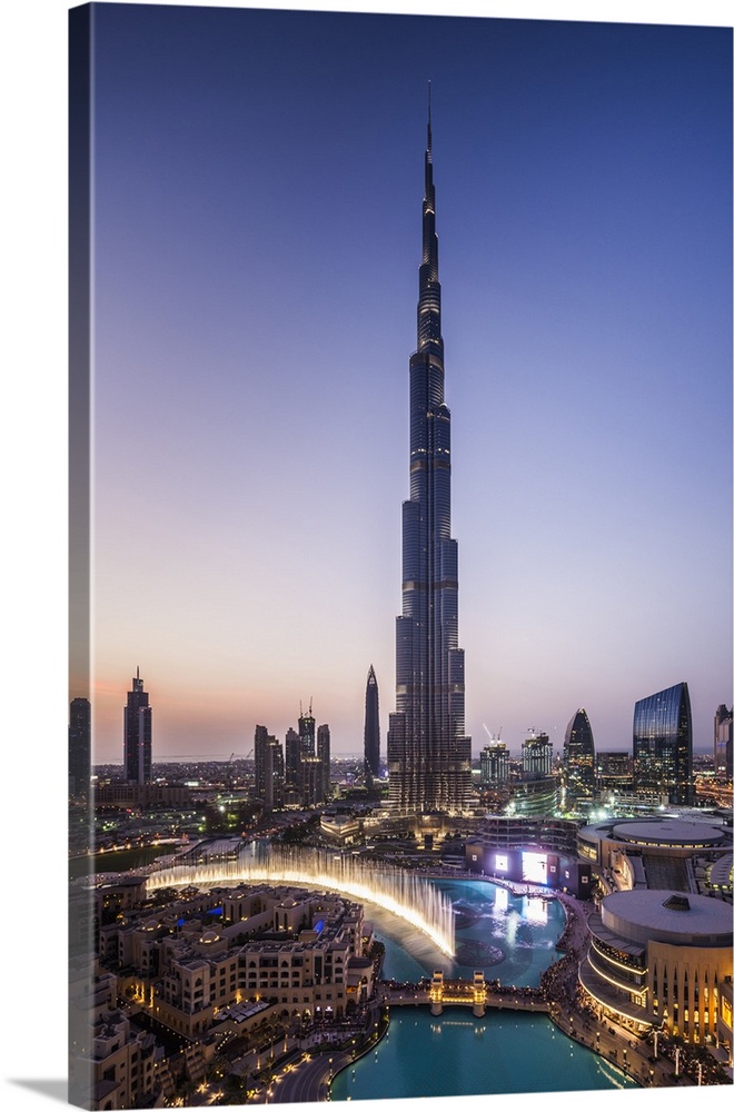 UAE, Dubai, Downtown Dubai, Burj Khalifa, world's tallest building as of 2016, elevated view, dusk