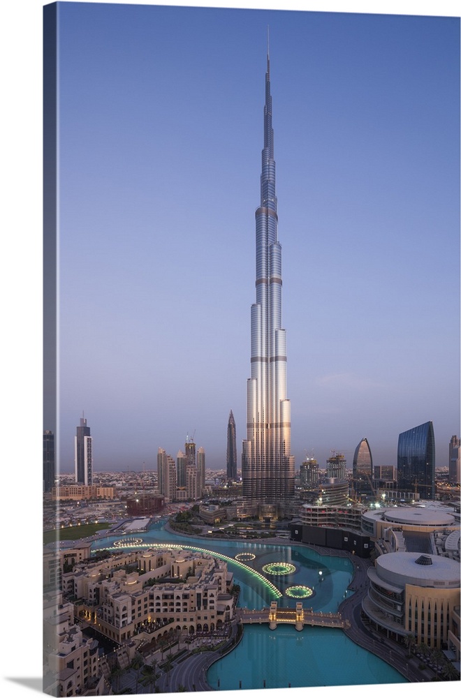 UAE, Dubai, Downtown Dubai, Burj Khalifa, world's tallest building as of 2016, elevated view, dawn