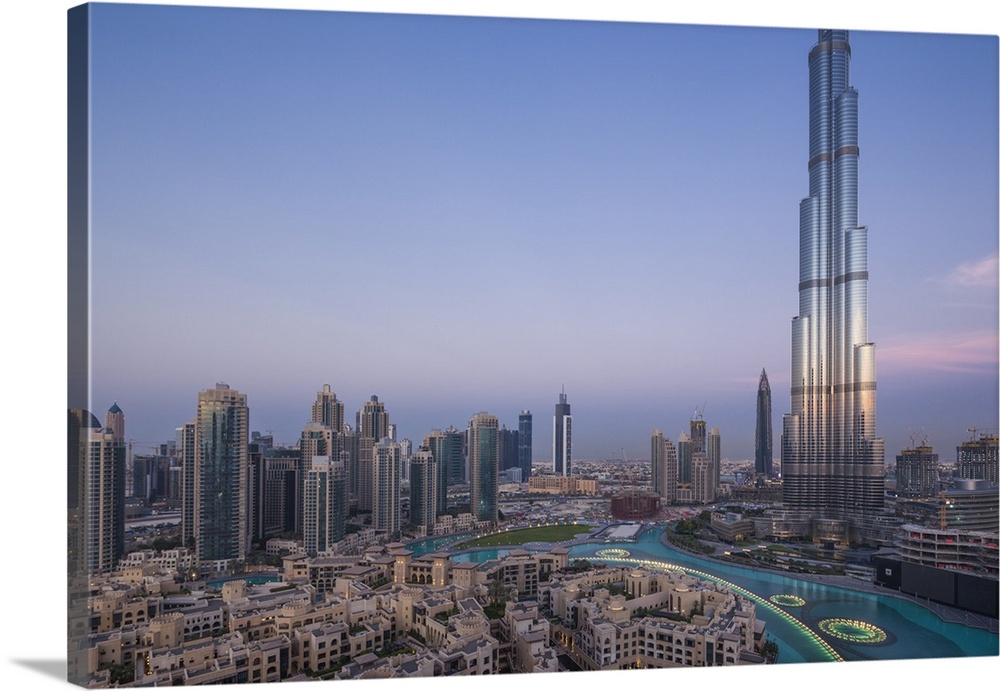 UAE, Dubai, Downtown Dubai, Burj Khalifa, world's tallest building as of 2016, elevated view, dawn