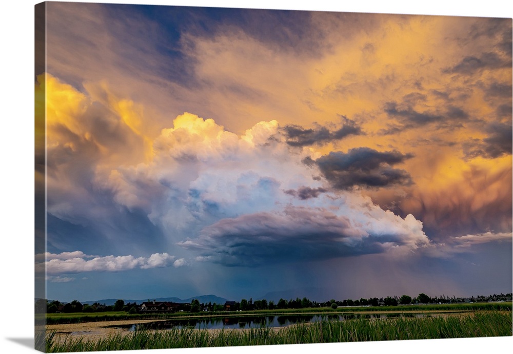 Dramatic storms clouds at sunset in Whitefish, Montana, USA.