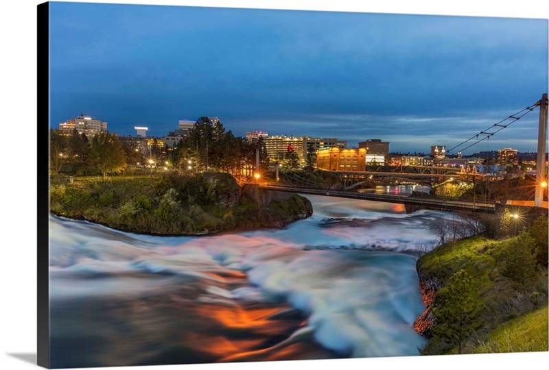 Dusk Descends Over Spokane Falls In Spokane, Washington, USA Great