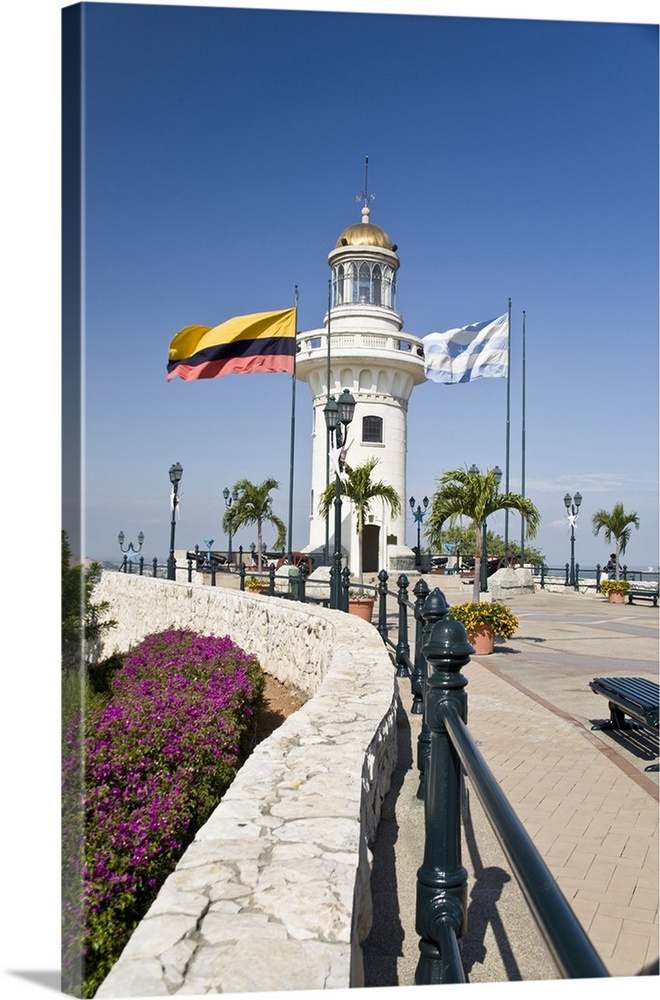 South America, Ecuador, Guayaquil. The lighthouse atop the hill at Barrio Las Penas is a popular tourist attraction.