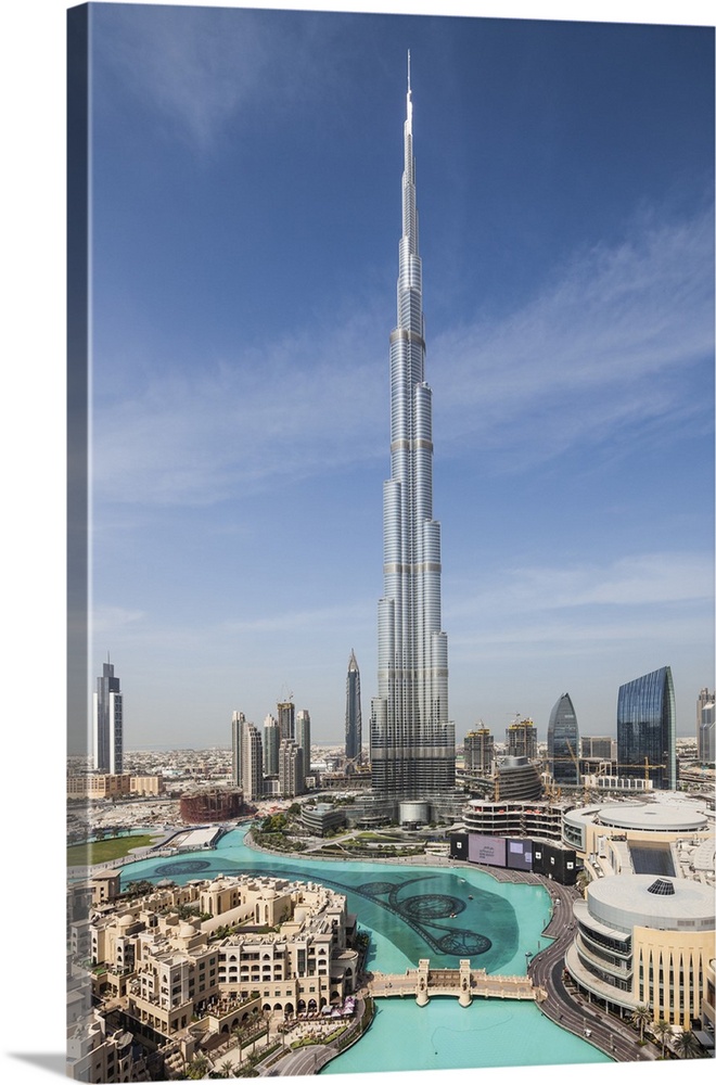 UAE, Dubai, Downtown Dubai, Burj Khalifa, world's tallest building as of 2016, elevated view
