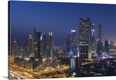 Elevated View Of Skyscrapers On Sheikh Zayed Road At Dusk In Dubai