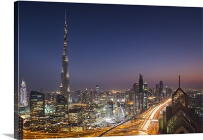 Elevated View Over Sheikh Zayed Road And Burj Khalifa Tower