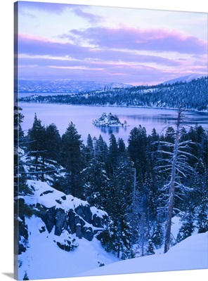 Emerald Bay State Park in winter at dusk. Lake Tahoe