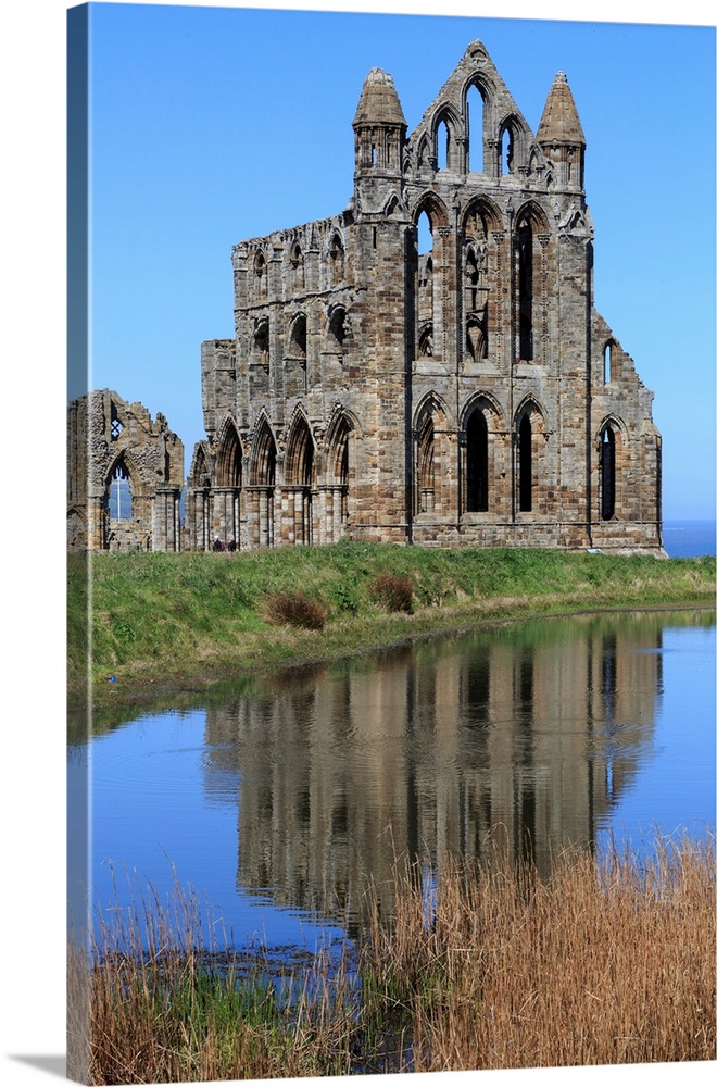 England, North Yorkshire, Whitby. North Sea, East cliff. English Heritage site, ruins of Benedictine abbey, Whitby Abbey, ...