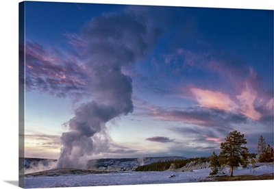 Eruption Of Old Faithful Geyser After Sunset, Yellowstone National Park, Wyoming