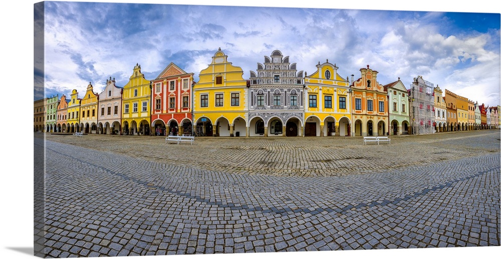Europe, Czech Republic, Telc. Panoramic of colorful houses on main square. Credit: Jim Nilsen