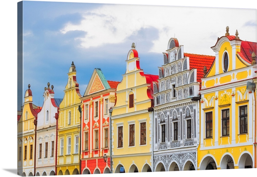 Europe, Czech Republic, Telc. Colorful houses on main square. Credit: Jim Nilsen
