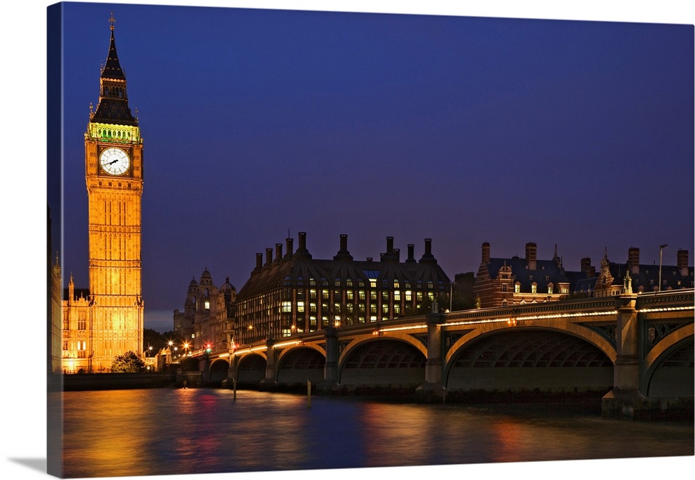 Europe, England, London. Big Ben and Westminster Bridge over River Thames.