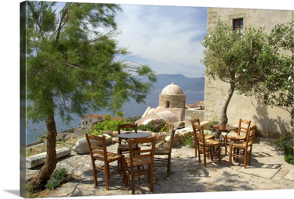 Europe, Greece, Peloponnese, Monemvasia ("single entrance"). Malvasia cafe, named for the traditional area wine.