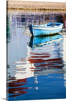 Europe, Greece, Mykonos, Hora, Fishing Boat And Reflection Of A Church In The Water