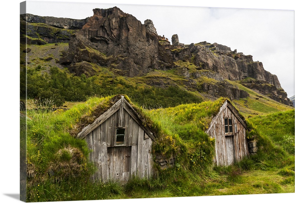 Europe, Iceland, Southeast Iceland, Nupsstadur Turf Farmsted. Old homes covered with turf for protection and insulation.