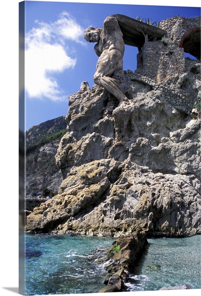 Europe, Italy, Cinque Terre, Vernazza, Monterossa. Two gigantic statue of Neptune.
