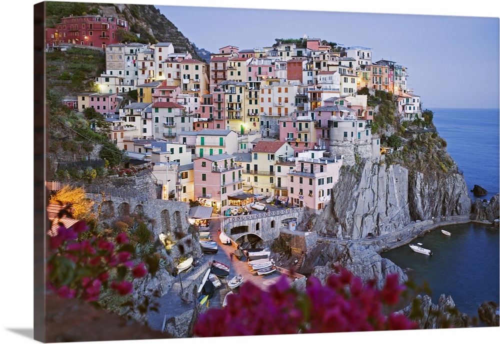 Europe, Italy, Manarola. Town and sea at sunset.