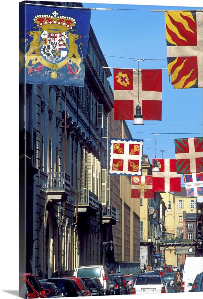 Europe, Italy, Turin..Banners, flags on the streets.